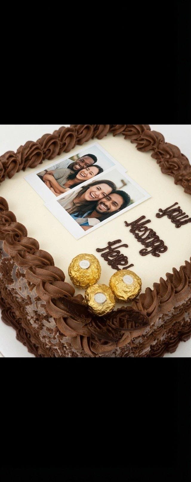 Personalised Photo Ferrero Chocolate Celebration Cake Round personalised photo celebration cake with smooth fresh cream icing, edible photo print, chocolate rosettes, Ferrero Rocher chocolates, chocolate curls and personalised message, handmade by Cake Palace UK.