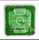 Egg-free football pitch birthday cake decorated with an edible football field, player figures, goalposts and grass-effect piping.