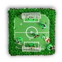 Egg-free football pitch birthday cake decorated with an edible football field, player figures, goalposts and grass-effect piping.