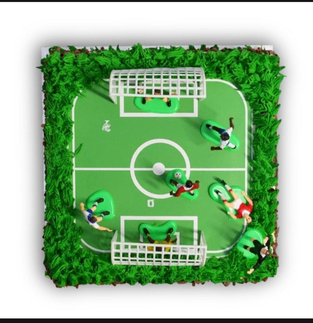 Egg-Free Football Pitch Cake | Football Birthday Cake Sheffield Egg-free football pitch birthday cake decorated with an edible football field, player figures, goalposts and grass-effect piping.