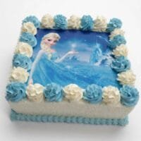 Square egg-free Frozen Princess photo birthday cake featuring a premium edible Frozen Princess image, blue and white fresh dairy topping swirls, desiccated coconut-coated sides, blue piped border, and a personalised edible message for children's birthday celebrations.