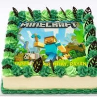 Minecraft photo birthday cake with edible image, green fresh cream rosettes and chocolate leaf decorations