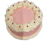 Custom pink celebration cake with elegant cream swirls, cherry accents and personalised message option