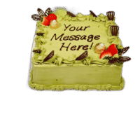 Pistachio square celebration cake with strawberries and chocolates in Sheffield