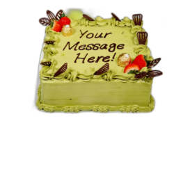 Pistachio cream cake with strawberry and Ferrero plus fans on top