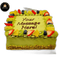 pistachio square celebration cake with strawberries and chocolates in Sheffield