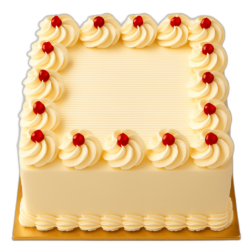 Square fresh cream cake with jam dots on top