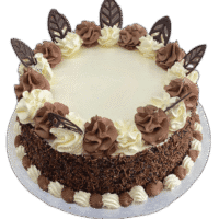 Egg Free Chocolate Celebration Cake with chocolate sprinkles, chocolate fans and chocolate icing decoration, handmade in Sheffield