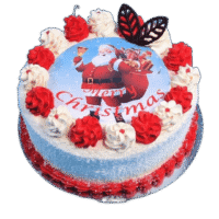 Egg Free Christmas Santa Photo Cake with edible Santa image, red and white icing decoration and festive design, handmade in Sheffield