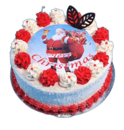 Egg Free Christmas Santa Photo Cake with edible Santa image, red and white icing decoration and festive design, handmade in Sheffield