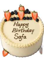 Egg Free Fresh Strawberry & Blueberry Celebration Cake decorated with fresh strawberries, blueberries, cream swirls and a personalised birthday message.