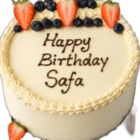 Egg Free Fresh Strawberry & Blueberry Celebration Cake decorated with fresh strawberries, blueberries, cream swirls and a personalised birthday message.