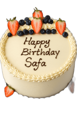 Egg Free Fresh Strawberry & Blueberry Celebration Cake decorated with fresh strawberries, blueberries, cream swirls and a personalised birthday message.