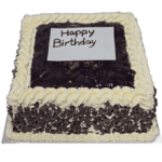 Custom Black Forest Gateau Cake with rich chocolate topping, chocolate curls and personalised birthday message, handmade in Sheffield