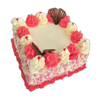 Custom square birthday cake with pink and white decorations, fresh strawberries and personalised chocolate writing