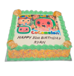 Egg Free Cocomelon Photo Birthday Cake with an edible Cocomelon image, green cream borders, rainbow sprinkle sides and a personalised message.