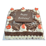 Square Egg Free chocolate celebration cake with fresh strawberry halves, chocolate shavings, chocolate sprinkle sides and custom chocolate message plaque.