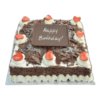 Square Egg Free chocolate celebration cake with fresh strawberry halves, chocolate shavings, chocolate sprinkle sides and custom chocolate message plaque.