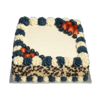 Square Egg Free fresh berry cake with a smooth cream finish, mixed chocolate shaving sides, fresh berries and custom birthday message.