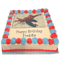 Egg Free square Spider Hero photo celebration cake with an edible character image, red and blue cream border, and personalised birthday message.