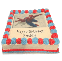 Egg Free square Spider Hero photo celebration cake with an edible character image, red and blue cream border, and personalised birthday message.