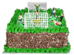 Egg Free football pitch birthday cake with football player figures, goal posts and chocolate shavings made in Sheffield