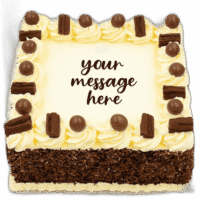 Square Egg Free chocolate celebration cake with a smooth cream finish, chocolate flake sides, chocolate decorations and custom message area.