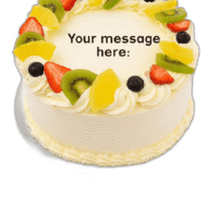Egg Free Fresh Fruit Celebration Cake topped with strawberries, kiwi, pineapple and blueberries, handmade in Sheffield