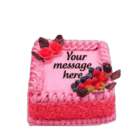 Egg Free Pink Berry Celebration Cake decorated with fresh strawberries, blueberries, raspberries, blackberries and chocolate decorations