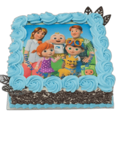 Egg Free Family Cartoon Photo Cake with an edible character image, blue cream swirls, chocolate curl sides and decorative chocolate leaves.
