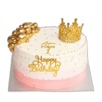 Pink and gold princess crown birthday cake decorated with a luxury gold crown topper, gold spheres, edible pearl details and personalised birthday message.