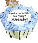 stylish Egg Free Blue Chocolate Drip Birthday Cake decorated with blue piping, chocolate drip, edible pearls and a personalised cake topper. Freshly made to order in Sheffield for birthdays and special celebrations.