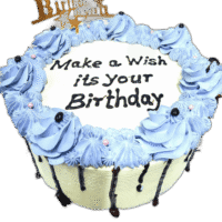 stylish Egg Free Blue Chocolate Drip Birthday Cake decorated with blue piping, chocolate drip, edible pearls and a personalised cake topper. Freshly made to order in Sheffield for birthdays and special celebrations.