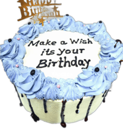 stylish Egg Free Blue Chocolate Drip Birthday Cake decorated with blue piping, chocolate drip, edible pearls and a personalised cake topper. Freshly made to order in Sheffield for birthdays and special celebrations.