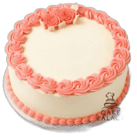 Round White Birthday Cake with Pink Rose Decoration