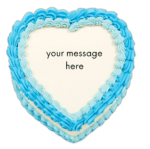 Top view of a blue heart celebration cake featuring elegant blue piped frosting around a white centre ready for a custom birthday message.