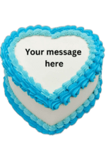 Blue heart-shaped birthday cake with smooth white icing, vibrant blue piped borders, and space for a personalised celebration message.