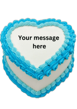 Blue heart-shaped birthday cake with smooth white icing, vibrant blue piped borders, and space for a personalised celebration message.