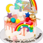 Personalised Rainbow Unicorn Birthday Cake decorated with rainbow, unicorn figurine, colourful drip finish, clouds, stars and birthday message.