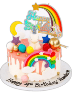 Personalised Rainbow Unicorn Birthday Cake decorated with rainbow, unicorn figurine, colourful drip finish, clouds, stars and birthday message.