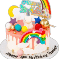 Personalised Rainbow Unicorn Birthday Cake decorated with rainbow, unicorn figurine, colourful drip finish, clouds, stars and birthday message.