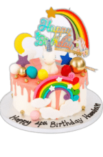 Rainbow Unicorn Birthday Cake with pink drip icing, handcrafted unicorn topper, rainbow, clouds, stars and colourful decorative spheres.