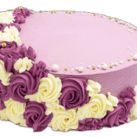Round fresh cream celebration cake with a pastel lilac finish, purple and ivory rosettes, edible pearl sprinkles, and space for a personalised message.