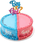 Boy or Girl gender reveal heart cake with blue and pink frosting and topper