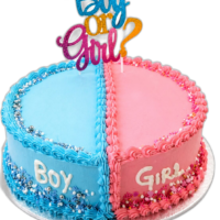 Boy or Girl gender reveal heart cake with blue and pink frosting and topper