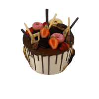 Egg Free luxury tall chocolate drip cake topped with fresh strawberries, Oreo biscuits, mini doughnuts, chocolate sticks, chocolate curls and assorted chocolate decorations.