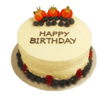 Round Egg Free berry birthday cake with a smooth cream finish, fresh strawberries, blueberries and a custom message.