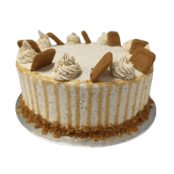 Egg Free Biscoff drip celebration cake decorated with Biscoff biscuits, Biscoff cream swirls, Biscoff crumb coating and Biscoff drip.