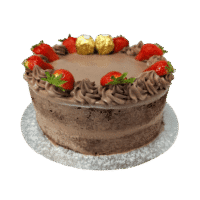 Egg Free Ferrero Strawberry Celebration Cake decorated with fresh strawberries, Ferrero chocolates and chocolate cream swirls.