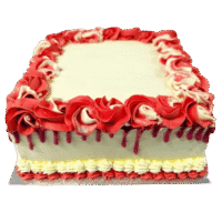 Egg Free square celebration cake with a red drip finish, red and white decorative swirls, and space for a personalised message.